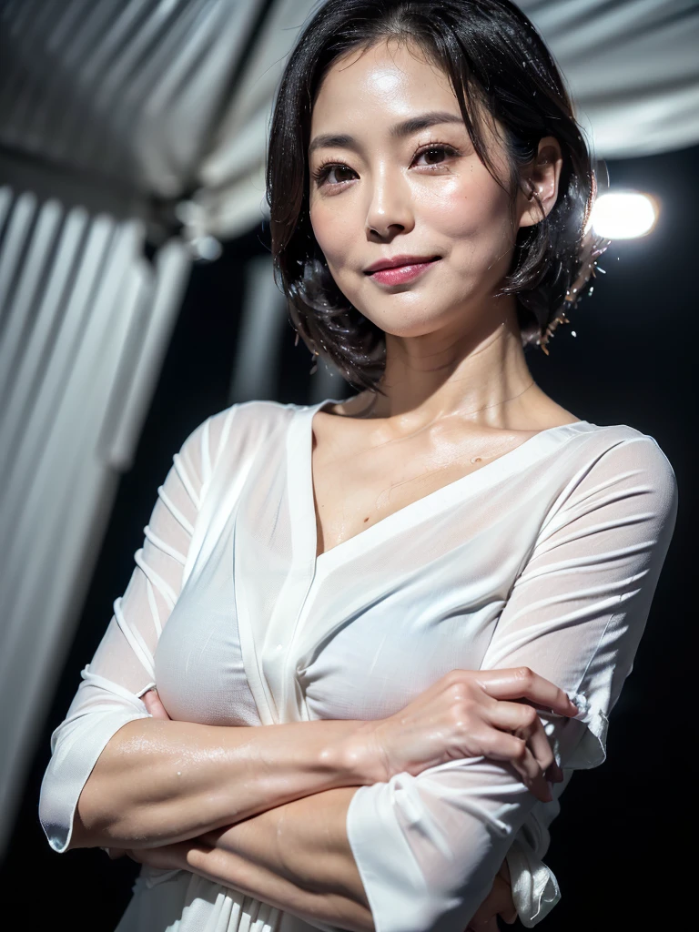cinematic, Blue hour, (((Ultimate ultra Photorealistic, ultimate high-quality 32k photo))),(((An American shot photo, crossed arms, a40yo ultimate beautiful &cute Japanese actress, looking at viewer:1.5))),(((She has a very intelligent and ultimate beautiful Japanese face&black eyes, pointy nose, ultra detailed face, oval face, very blushing cheeks, ultimate well-proportioned face, seductive smile))),((black elegant wet short bob, very light naturally makeup)),(((She has the ultimately perfect nice&Sensual proportions, very just fitted v-neck half sleeve white elegant business buttonless Open-collar wet blouses , white beautiful ultimate realistic glossy wet Japanese lady Fair and beautiful sweaty skin , A simple and modest silver necklace,Stormy Summer very Humid and Hot very dark Night ,Tokyo business night office street)))