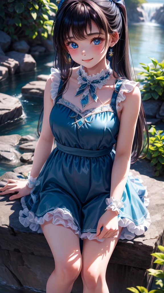 ((masterpiece)), ((highest quality、Ultra high definition)), (Very detailed),8K、Photo quality、((Amazingly cute girl)),(((14-year-old girl))), Two people, , (Beautiful emerald blue eyes), ((smile)),In the open-air bath overlooking the sea, Beautifully arranged black hair in twin tails、whole body、Cute lolita maid style swimsuit))、Professional Lighting、(White lace knee-highore detailed and beautiful)、(More details and cutenesore realistic)、(((Just wear light clothing)))、プールではしゃぐ、