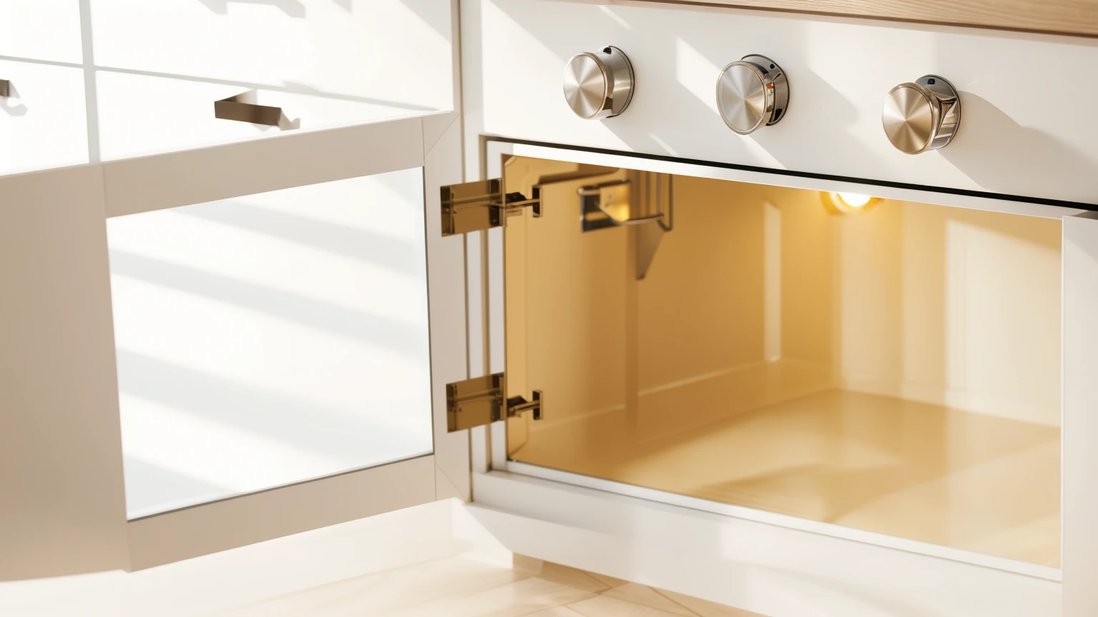 kitchen, KITCHEN DRAWERS WHITE, OVEN WITH OPEN DOOR AND LIGHT, Realistic style, realistic texture, high quality, A high resolution, DETAILED TEXTURES, BRIGHT LIGHTING, Beautiful light from the window, Beautiful sunlight, Multiple light sources