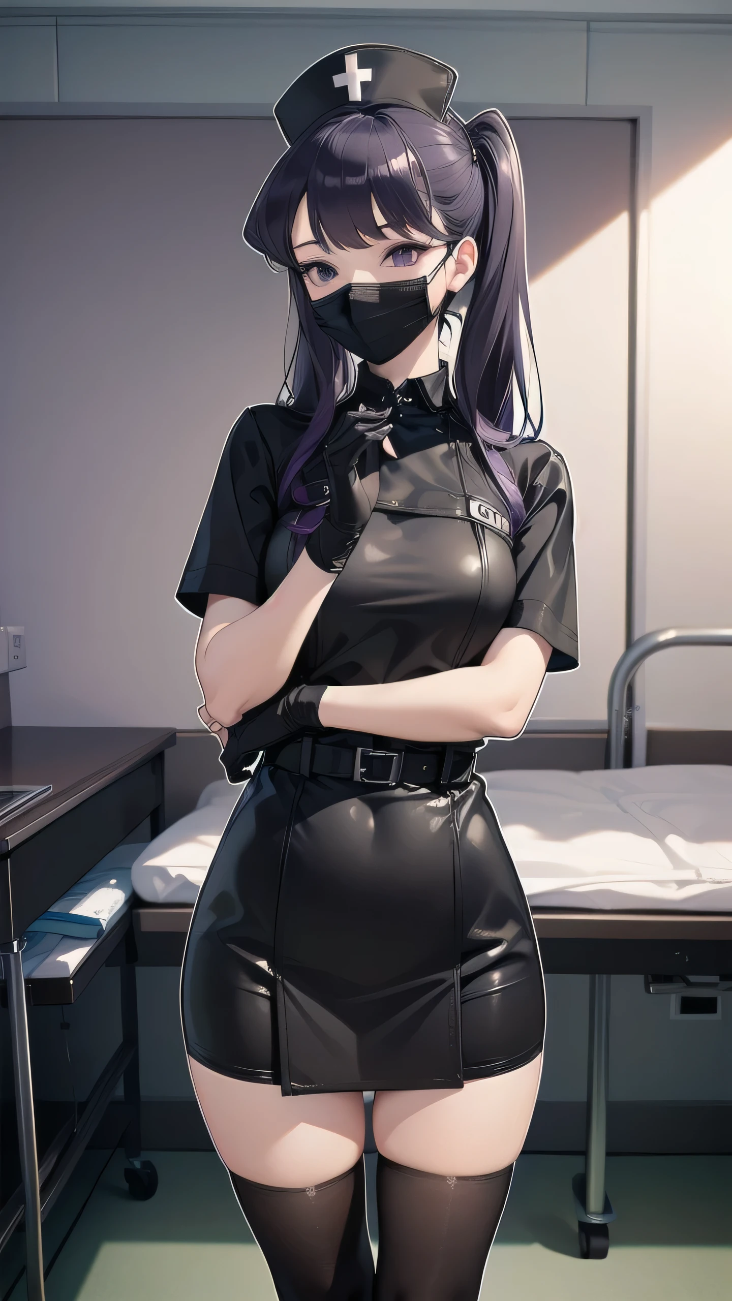 black nurse, 1girl, solo, komi_shouko, black nurse cap, black wear, ((black legwear, zettai ryouiki)), black elbow gloves, twintails, purple hair, purple eyes, ((black surgical mask, covered nose)), standing, ((surgery room)), sharp outline, short sleeves, best quality, masterpiece