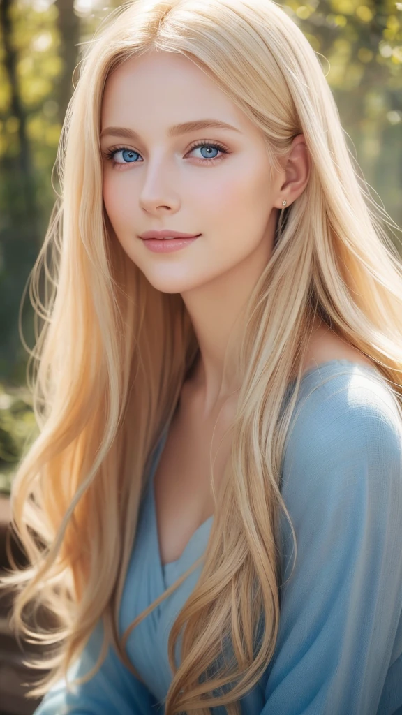 Soft portrait of a beautiful blonde woman, flowing golden hair, captivating blue eyes, delicate features, radiant smile, natural makeup, elegant attire, gentle expression, subtle blush, warm skin tones, ethereal lighting, soft shadows, high-resolution digital painting, realistic style, artistic interpretation, by a skilled portrait artist.