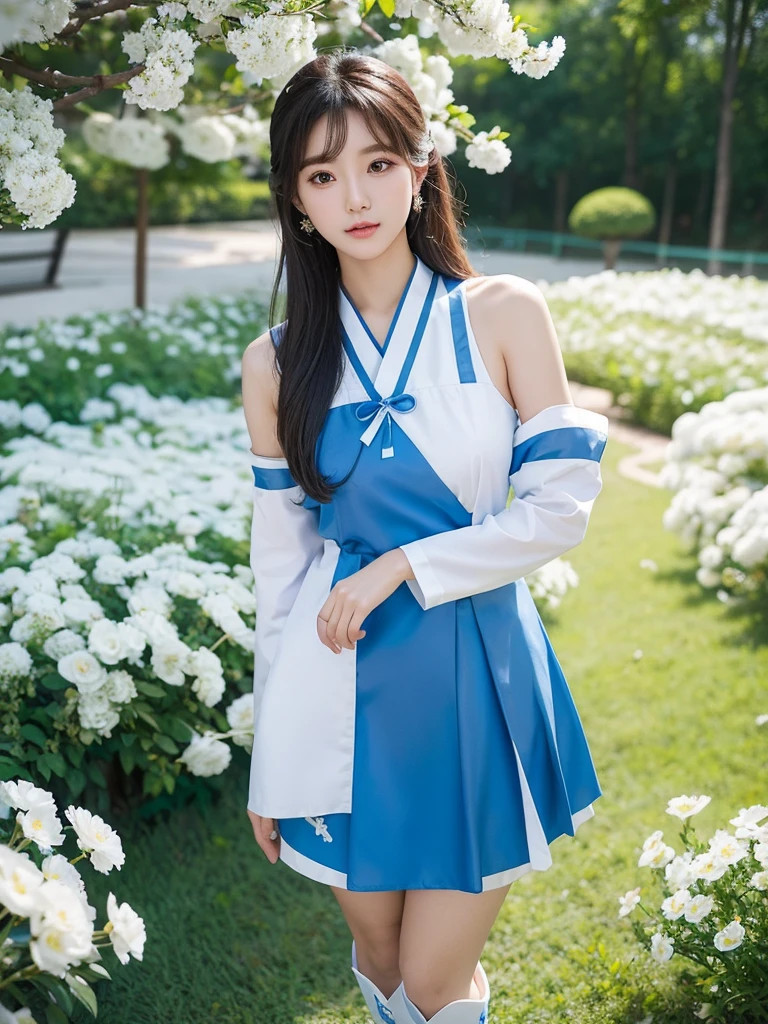 Beautiful woman wearing a blue white Wearing uniform While standing korea style clothes mini dress with decorations on the shirt and visible shoulders and wearing boots and being photographed with a background And he was in the middle of a yard filled with beautiful white flowers,Korean style swag, beautiful face so gorgeous, Beautiful eyes, y2k style,