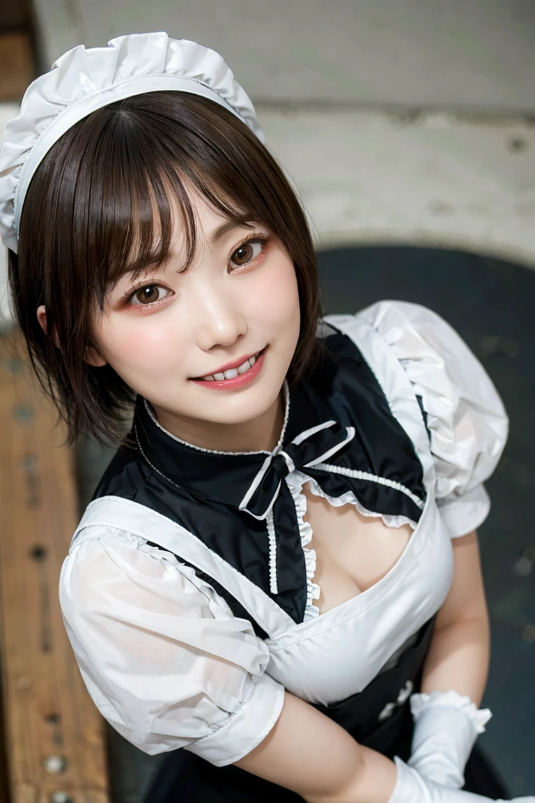 、Looking at the audience、(Highest quality、masterpiece)))、High resolution、Very detailed、masterpiece、Light、(8K、Highest quality、masterpiece:1.2)、(Realistic、Realistic:1.37) High resolution、Super detailed、Woman wearing glasses、Round glasses with thin frames、Light colored eyeglass frames、Asian, cute, cute顔, alone, Twin tails, Textured skin, 詳細なnight景, Light, Written boundary depth, レンズフレアLight、smile、Small breasts、Beautiful and detailed eyes、、night、(short hair:1.2)、Floating Hair Nova Frog Style、maid_cosplay, 独奏, simple background, breasts, looking at viewer, puffy short sleeves, puffy sleeves, short sleeves, 1girl, maid headdress, chain, frills, white gloves, cowboy shot, large breasts, pointy hair, gloves, smile, open mouth,gothic, gothic maid,kneeling,(Looking Down from Above:1.8), (upturned eyes :1.5)