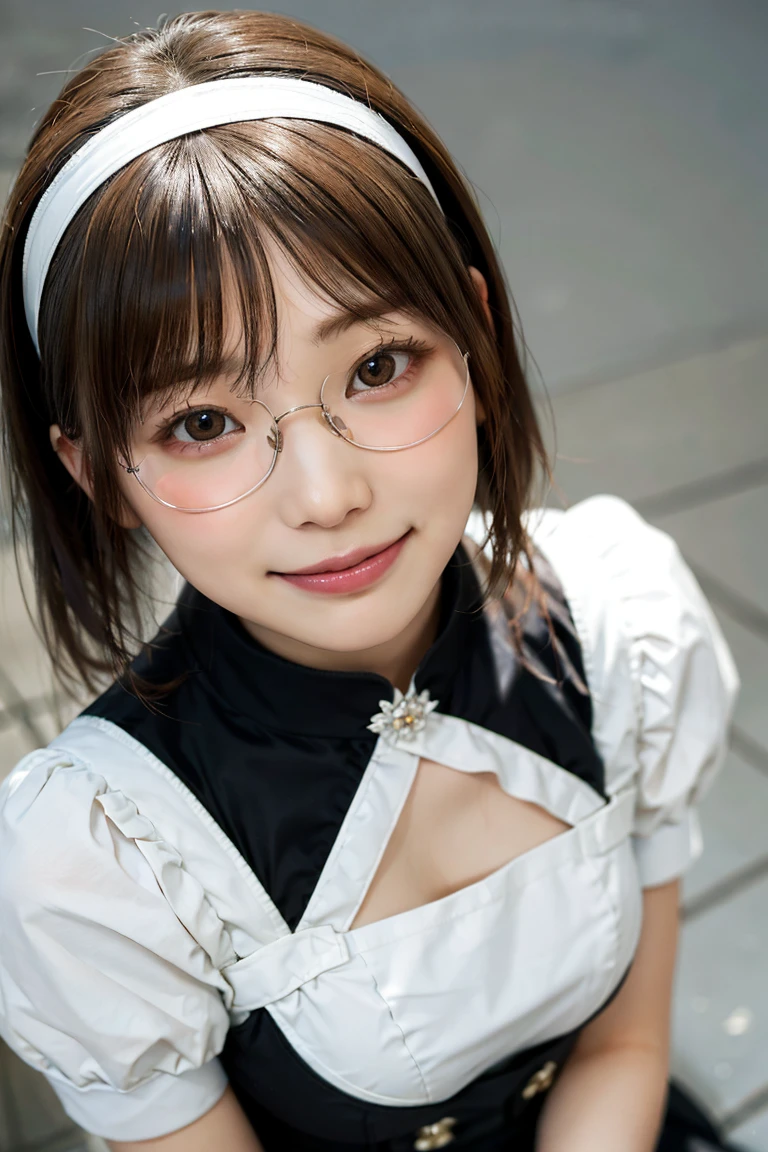 、Looking at the audience、(Highest quality、masterpiece)))、High resolution、Very detailed、masterpiece、Light、(8K、Highest quality、masterpiece:1.2)、(Realistic、Realistic:1.37) High resolution、Super detailed、Woman wearing glasses、Round glasses with thin frames、Light colored eyeglass frames、Asian, cute, cute顔, alone, short hair1.2, Textured skin, , 詳細なnight景, Light, Written boundary depth, レンズフレアLight、smile、Small breasts、Beautiful and detailed eyes、、night、(short hair:1.2)、Floating Hair Nova Frog Style、Leaning forward,Cleavage,maid costume,Akiba maid caffe,