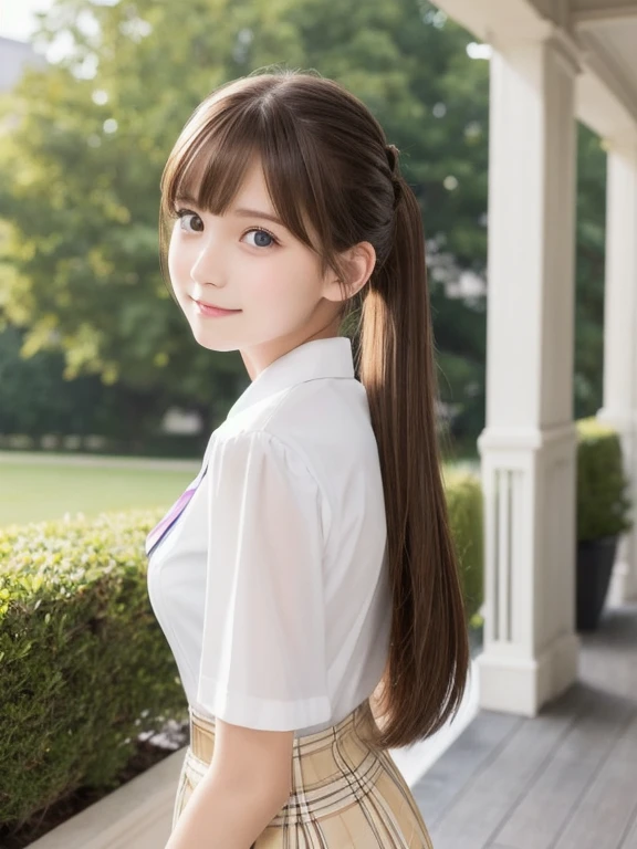 porch、Uniforms、Bright expression、Half bun　、A 、Young, shiny, fair, and bright skin、best look、Natural brown hair，Dazzling highlights、Shiny Light Hair,、Extra long silky straight hair、Beautiful shiny bangs、Bangs、Sparkling crystal clear blue eyes、very beautiful、cute、Full bust、Dynamic poses