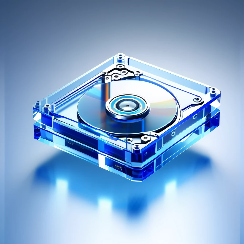 ((best quality, masterpiece)), data processing, Octane Rendering, C4D, icon, Isometric, (harddisk:1.2),Transparent glass texture, blue, Frosted glass, Transparent sense of technology, studio_Light, Fine details, Stunning details, flowing blue Light,  (White background:1.2), Simple background,High contrast 