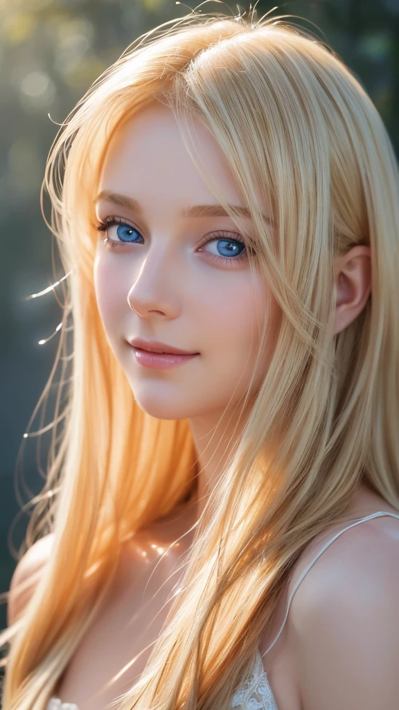 Soft portrait of a beautiful blonde woman, flowing golden hair, captivating blue eyes, delicate features, radiant smile, natural makeup, elegant attire, gentle expression, subtle blush, warm skin tones, ethereal lighting, soft shadows, high-resolution digital painting, realistic style, artistic interpretation, by a skilled portrait artist.