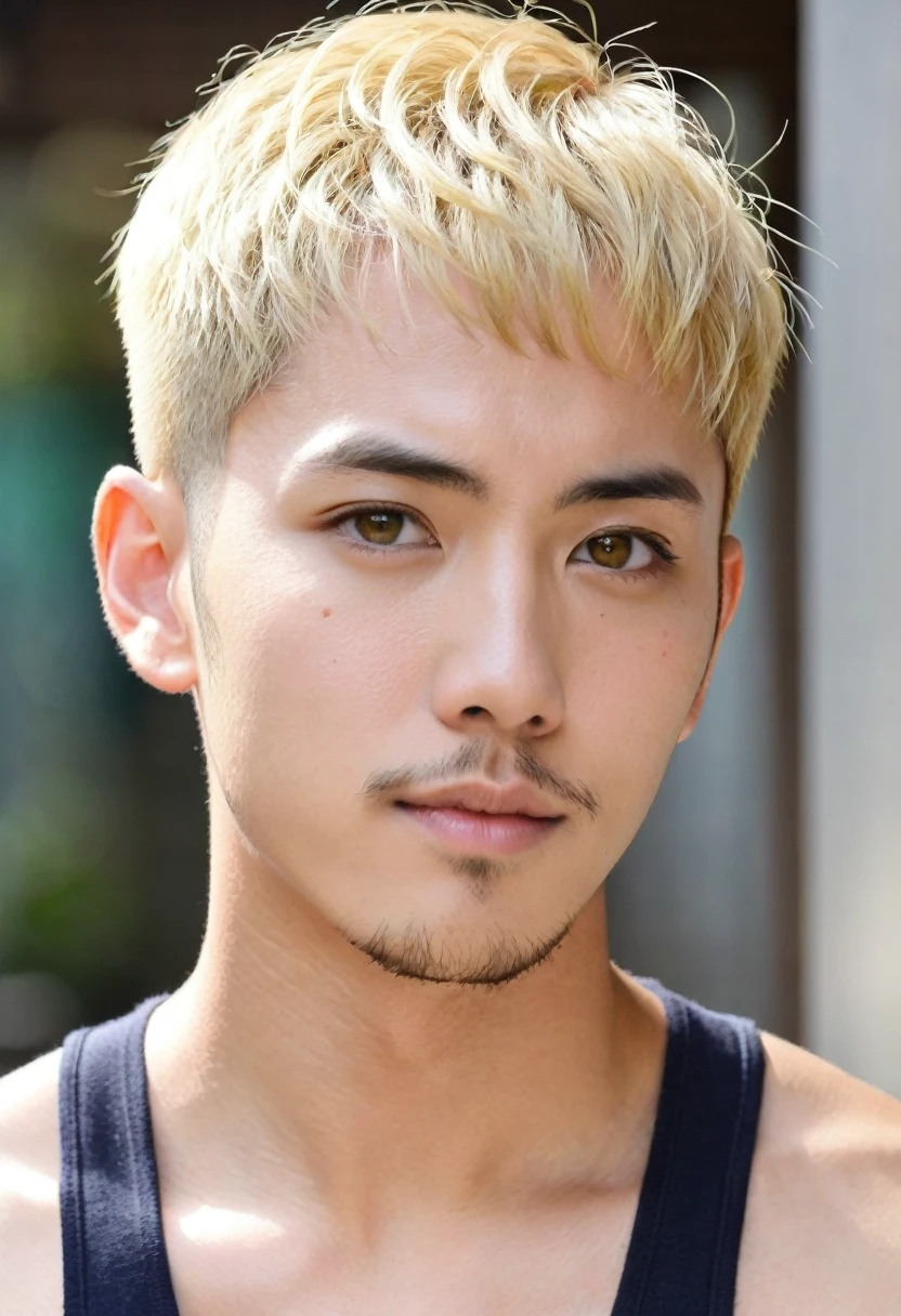Handsome american mix japanese,
blonde hair, short hair, hazel eyes, 30 years old, short beard, buzz cut