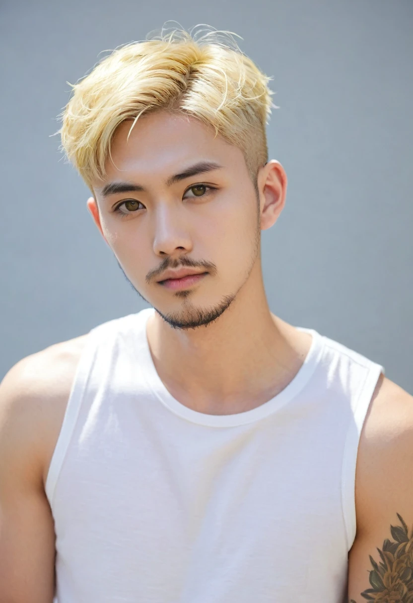 Handsome american mix japanese,
blonde hair, short hair, hazel eyes, 30 years old, short beard, buzz cut