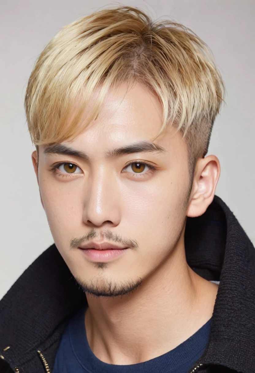 Handsome american mix japanese,
blonde hair, short hair, hazel eyes, 30 years old, short beard, buzz cut
