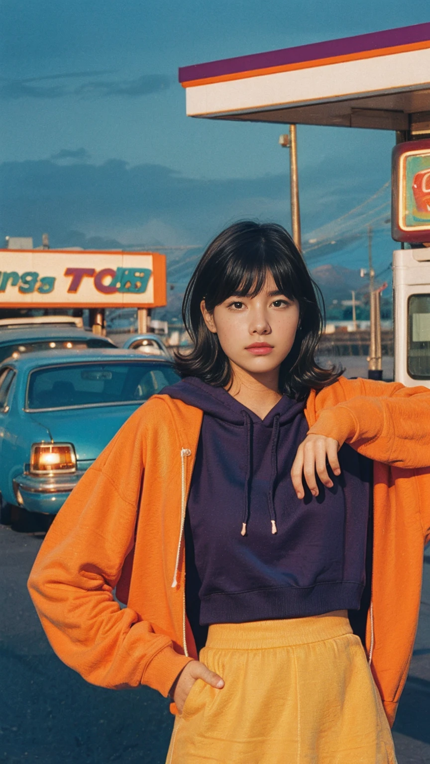 analog film photo cinematic photograph long shot portraits by Wes Anderson, cute 23 yo girl ,fokus, bokeh ,wear ((orange color oversized_hoodie)), wear ((purple tennis skirt)),looking front,Best Quality,Masterpiece,Ultra High Resolution,(Realisticity:1.4),Original Photo, 1Girl, light leak,ultra high resolution,UHD,beautiful, (black bob hair), almond eye, no makeup, in front of (80's gas station), (realistic:1.2), (surreal:1.3), (very detailed:1.1), ((masterpiece)),summer, blue sky, palm trees,sunny, los angles vibes,film camera, 800mm lens,style of Philip Lorca diCorcia