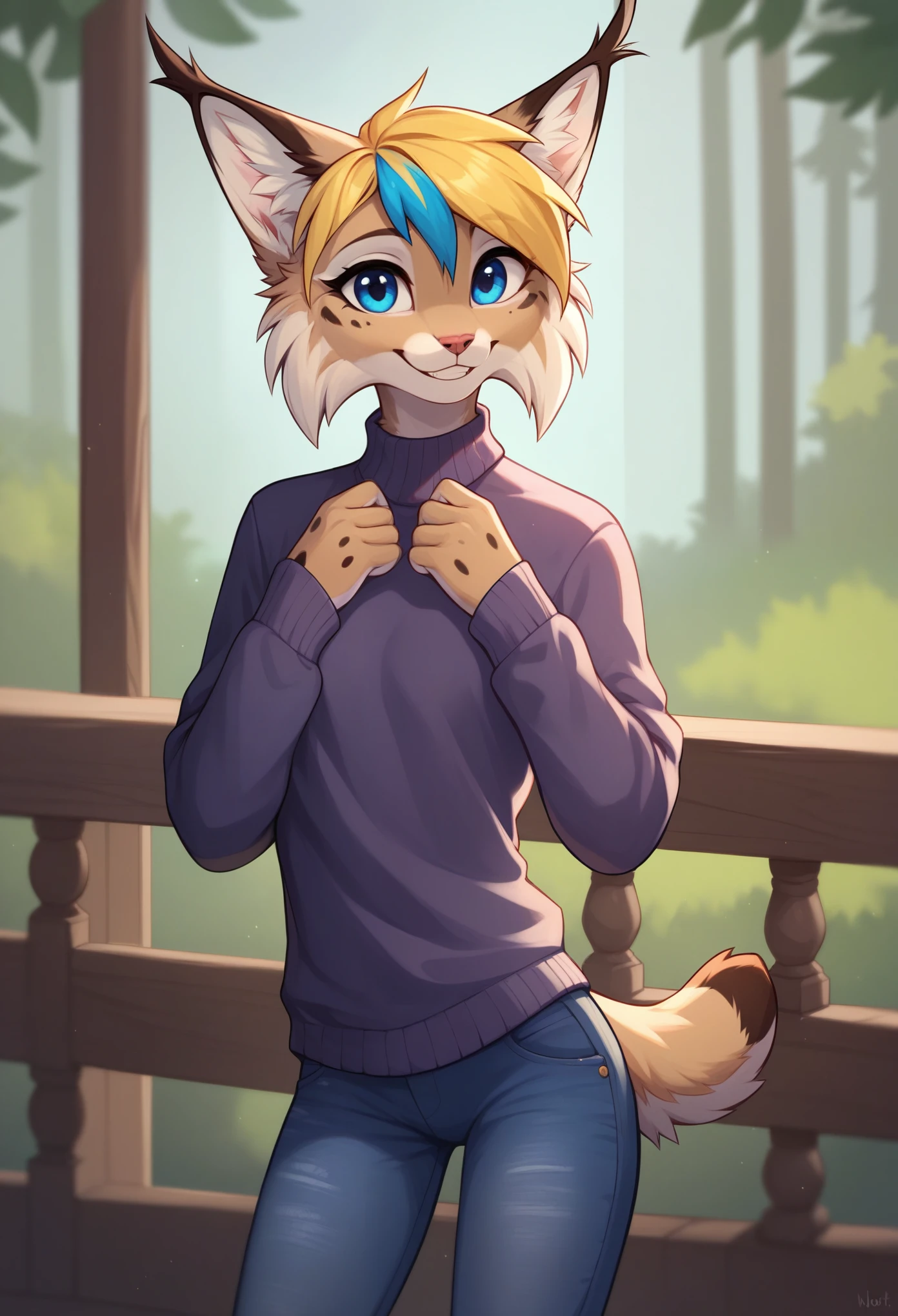 muse_style, 1girl, solo, digital_media_(artwork) hi_res, score_9, score_8_up, score_7_up, rating_safe, beautiful, anthro, furry, female, furry female, detailed textured fur, fur tufts, lynx, slim, slender, small breasts, cute, sweater, denim jeans, multicolor hair, streaked hair, red blue blonde silver hair, blonde fur, beautiful blue eyes, smile, solo, SFW, 