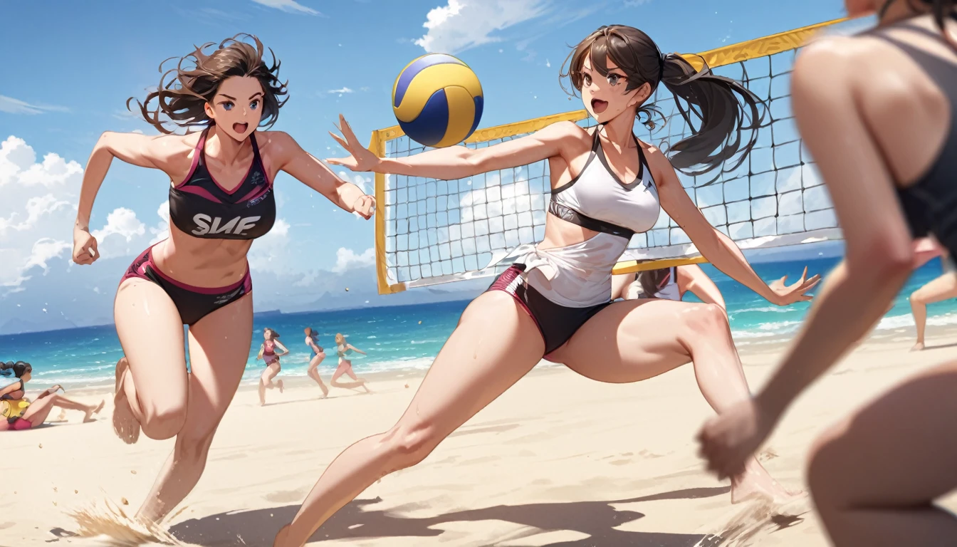 Beach Volleyball, multi girls, Volleyball, jumping, running, extremly detailed, beach