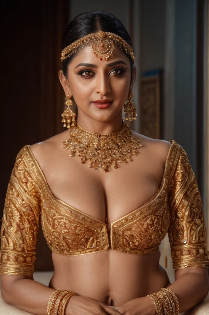 50yo mature MILF Anushka Shetty,((best quality)), ((masterpiece)), ((realistic)), eye kajal, mascara, red lips, sensual Beauty, provoking body, extreme sweat, sweat soaked skin, slight stretch marks, alluring figure, bulging figure, thick charming lady, curvy, thick navel, full figured woman, eye kajal, massive breast, full body, styled hair, pierced eyes, female face,royal aura, trend on artstation , sharp focus, studio photo, intricate detail, very detailed, detailed eye, illustration, very detailed, sharp focus, digital render, professional, 4k