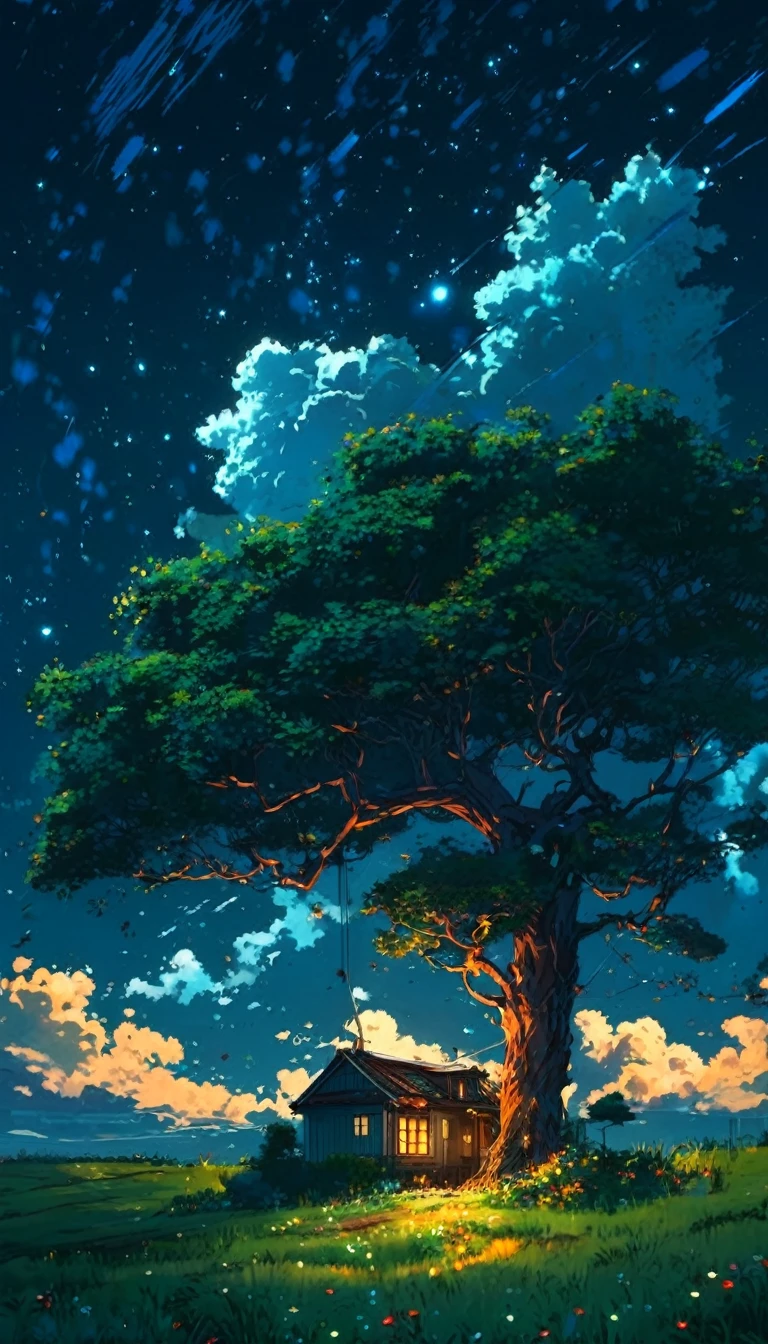 painting of a house under a tree in a field at night, makoto shinkai cyril rolando, anime art wallpaper 4k, anime art wallpaper 4 k, cyril rolando and goro fujita, anime background art, anime background, anime nature, by RHADS, anime art wallpaper 8 k, anime beautiful peace scene, anime landscape wallpaper