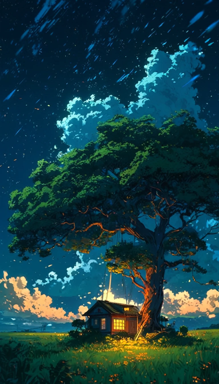 painting of a house under a tree in a field at night, makoto shinkai cyril rolando, anime art wallpaper 4k, anime art wallpaper 4 k, cyril rolando and goro fujita, anime background art, anime background, anime nature, by RHADS, anime art wallpaper 8 k, anime beautiful peace scene, anime landscape wallpaper
