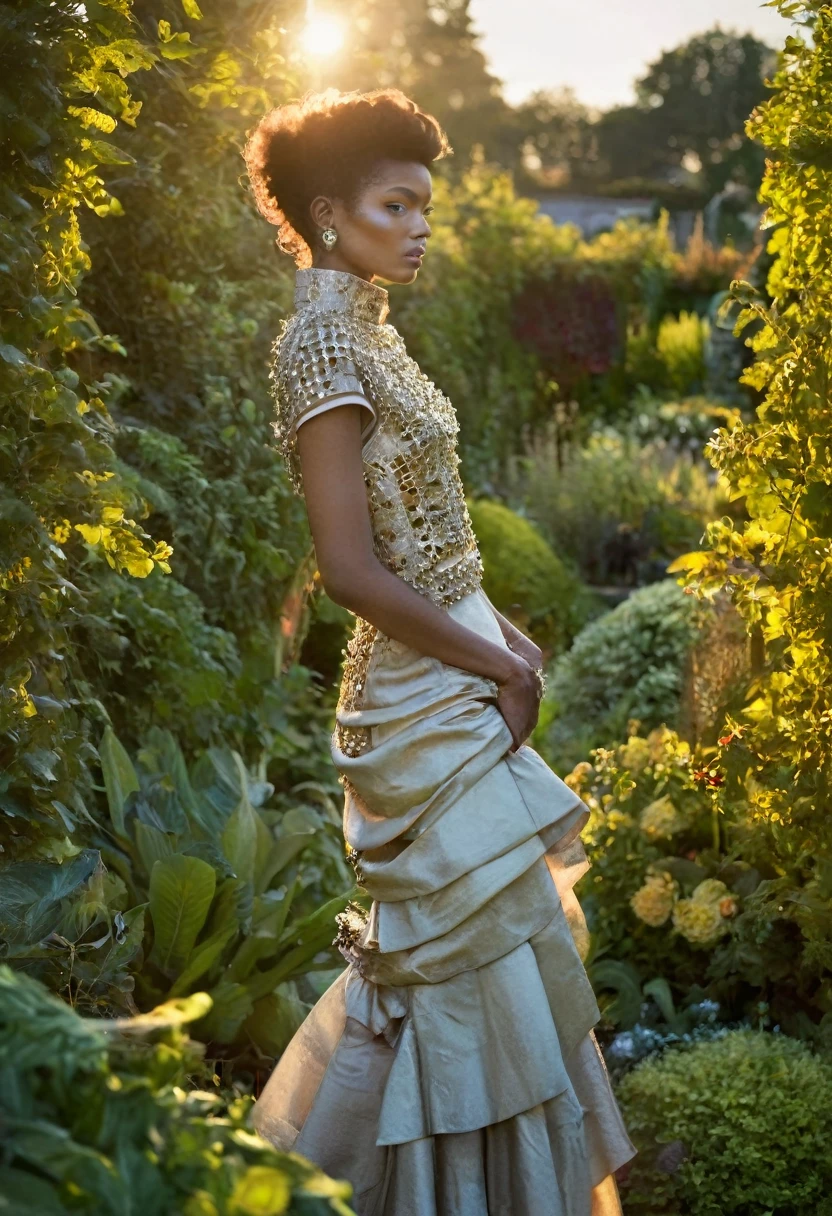golden hour, garden, back lighting, fashion shoot, in the style of Vogue, Avant-garde Fashion page
