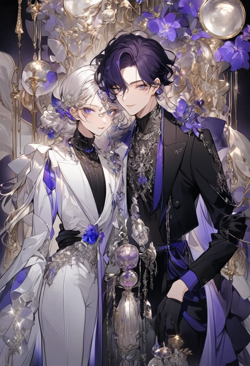 Feminine short boy, soft womanish facial features, smile, squinted siren dark blue eyes without glare, silver ans dark purple long loose hair with straight bang, fantasy black clothes with blue and purple elements, long black gloves, model, gorgeous, elegant, lots of silver jewelry, flowers in his hair, skinny body, hourglass figure, light lipstick, pants