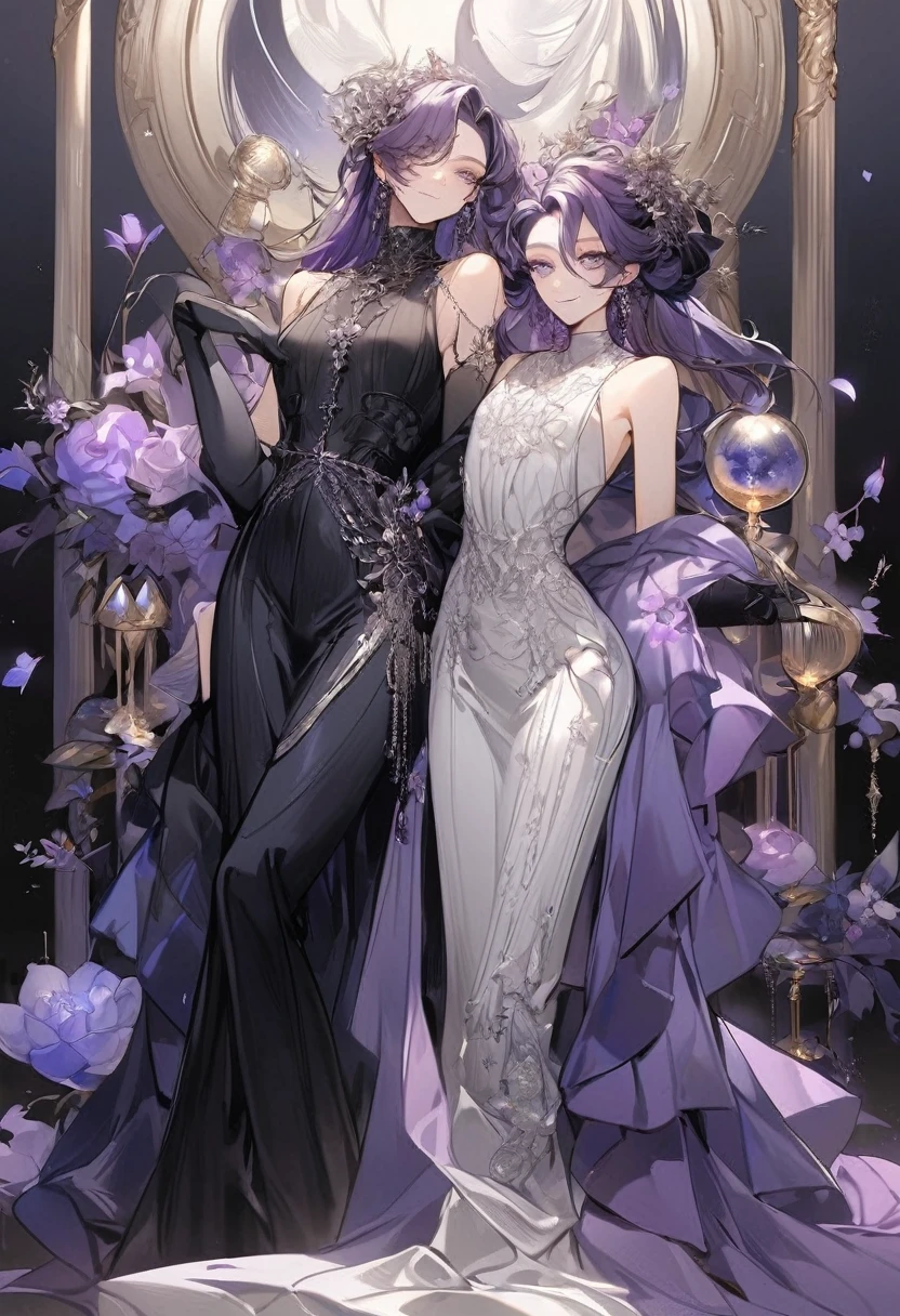 Feminine short boy, soft womanish facial features, smile, squinted siren dark blue eyes without glare, silver ans dark purple long loose hair with straight bang, fantasy black clothes with blue and purple elements, long black gloves, model, gorgeous, elegant, lots of silver jewelry, flowers in his hair, skinny body, hourglass figure, light lipstick, pants