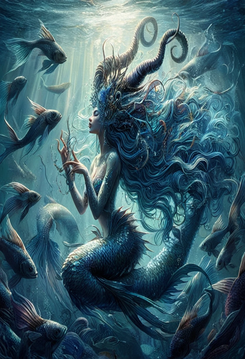 Mermaid with long hair and fish in the water, Goddess of the Sea, Goddess of the Sea, beautiful Mermaid, Octopus Goddess, Kelenbait, Sea Queen, Mermaid, Kerem Couplet, siren, Man born from the sea, Queen of the Sea Mu Yanling, Aquatic organisms, portrait of black Mermaid, Beautiful female gorgon, Breathtaking fantasy art