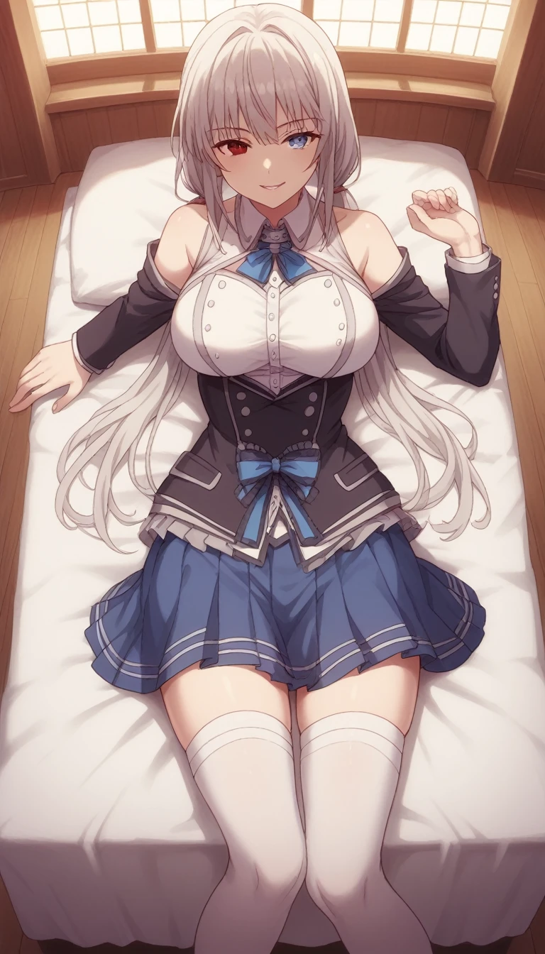 1girl, solo, full length, long hair, twintails, large breasts, looking at viewer, legs, hands, five fingers, bangs, smile, parted lips, heterochromia, red eyes, blue eyes, lying , arrogant smile, legs, stockings, indoors, on the bed, takes off one stocking, black blazer, white shirt, classic shirt, shirt under blazer, blue skirt, short skirt, pleated skirt,  white stockings, crossing legs, large breasts, low twintails, best quality, detailed, bare shoulders, heterochromia, red eyes, blue eyes, bare hip, 