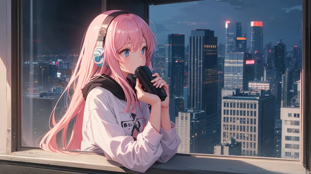 Absurd, Ultra-high resolution, (Official Art, beautifully、mysterious:1.2), Impressive eyes, light pink long hair, Larger than average bust, Correct human body composition, Girl listening to music with headphones, Looking out the window, Lo-fi Girl, and oversized hoodie, Makoto Shinkai and Artgelm, Anime atmosphere, Lofi art style, Anime style 8k, Anime Aesthetics, Lo-fi feeling, Anime Art Wallpapers 8K, An atmosphere of praise, City girl's room, Rooms with large windows, Emotional cityscape, Bright Sky