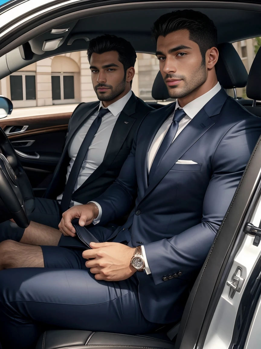 8K，8K resolution，2 Muscular Europeans, handsome man，charming eyes，dark skin,beautiful, smooth and shiny，Full muscles，Thick body hair， (wearing a stylish suit)，big bag highlights，Excellent j8，emphasize，Driving a luxury convertible，The car is full of roses，Two men smiling happily，professional lighting，Professional photography，Realistic photos，realistic model，realistic art，Perfect hand details