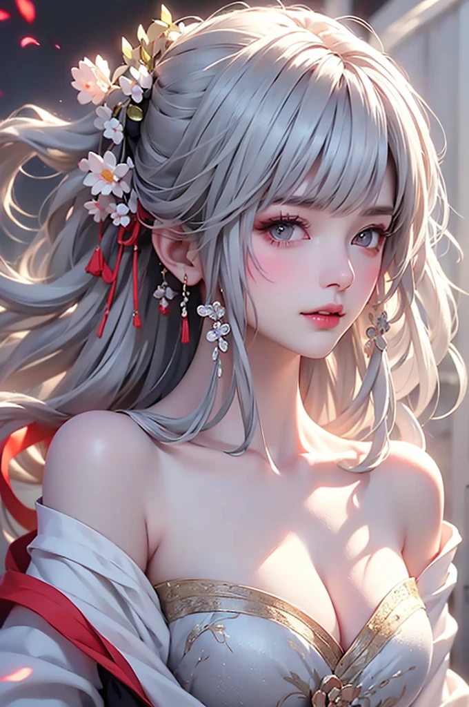 super high quality, masterpiece, Perfect illustration, Very detailed、8k wallpaper, Very detailed (Exquisite light and shadow, Very dramatic photo,Backlight) , ((Gray Hair:1.5))1 Girl, alone, (Wearing classic Hanfu, Royalty、Black and red Hanfu,Thick fabric,Long sleeve) Flower Field, Flowers, (White smoke:1.3) (Realistic:1.4), (Dynamic Angle: 1.4), Glowing Skin, (Floating colorful flashes: 1) The most beautiful chaotic shapes, elegant, Brutalist Design, Bright colors, Romantic Depth of Field Exotic_dance, half_naked、((Off the shoulder、Medium Chest、Beautiful cleavage、Touching lips))