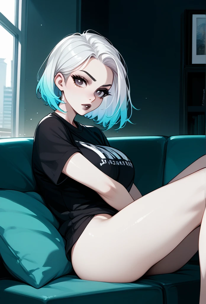 mature woman, (mature face, hot face), nasty expression, raven hairstyle, (white hair color, black gradient hair color), (sharp eyes), black pupils, glossy lips, voluptuous body, big breasts, big ass, casual clothes, oversized t-shirt, hot pants, sitting on sofa, living room, side view, (lewd expression)