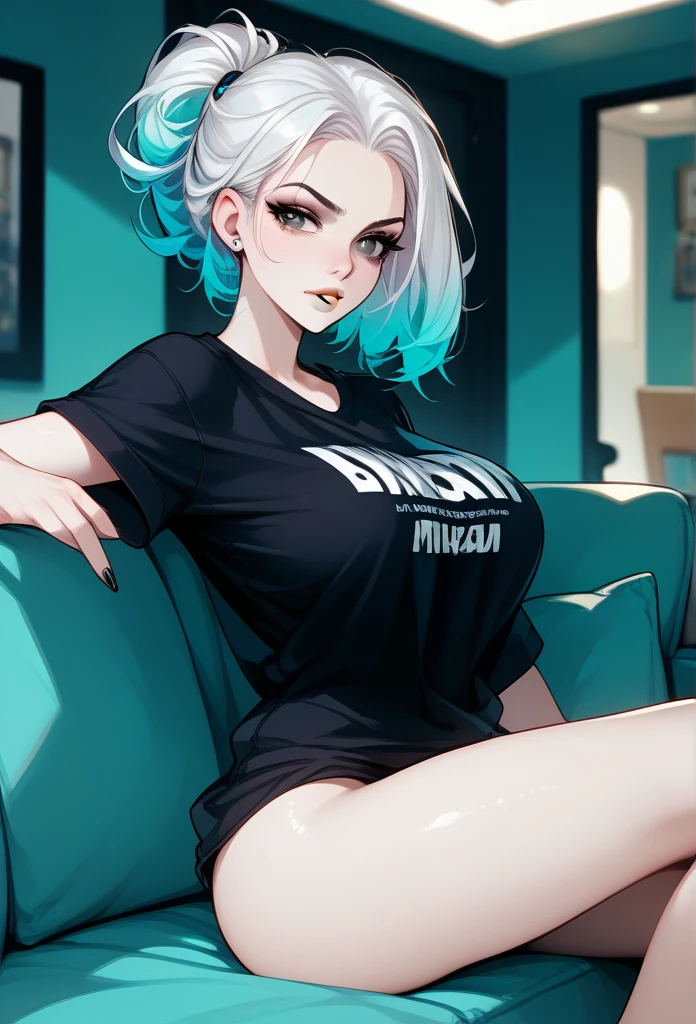 mature woman, (mature face, hot face), nasty expression, raven hairstyle, (white hair color, black gradient hair color), (sharp eyes), black pupils, glossy lips, voluptuous body, big breasts, big ass, casual clothes, oversized t-shirt, hot pants, sitting on sofa, living room, side view, (lewd expression) 