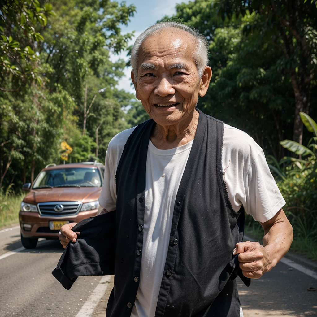 Thai man, age 90, works hard, fights hard in life, encounters many obstacles in life, but smiles and keeps fighting, because success is waiting for us, in the sun, sweating all over, old torn clothes, carrying things. Hard, going alone, no one cares, the road is long.