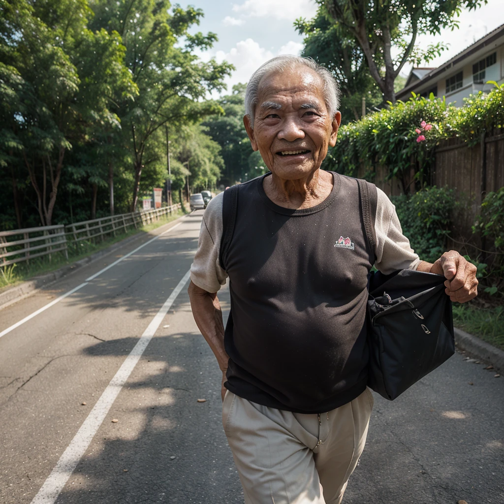 Thai man, age 90, works hard, fights hard in life, encounters many obstacles in life, but smiles and keeps fighting, because success is waiting for us, in the sun, sweating all over, old torn clothes, carrying things.  Hard, going alone, no one cares, the road is long.