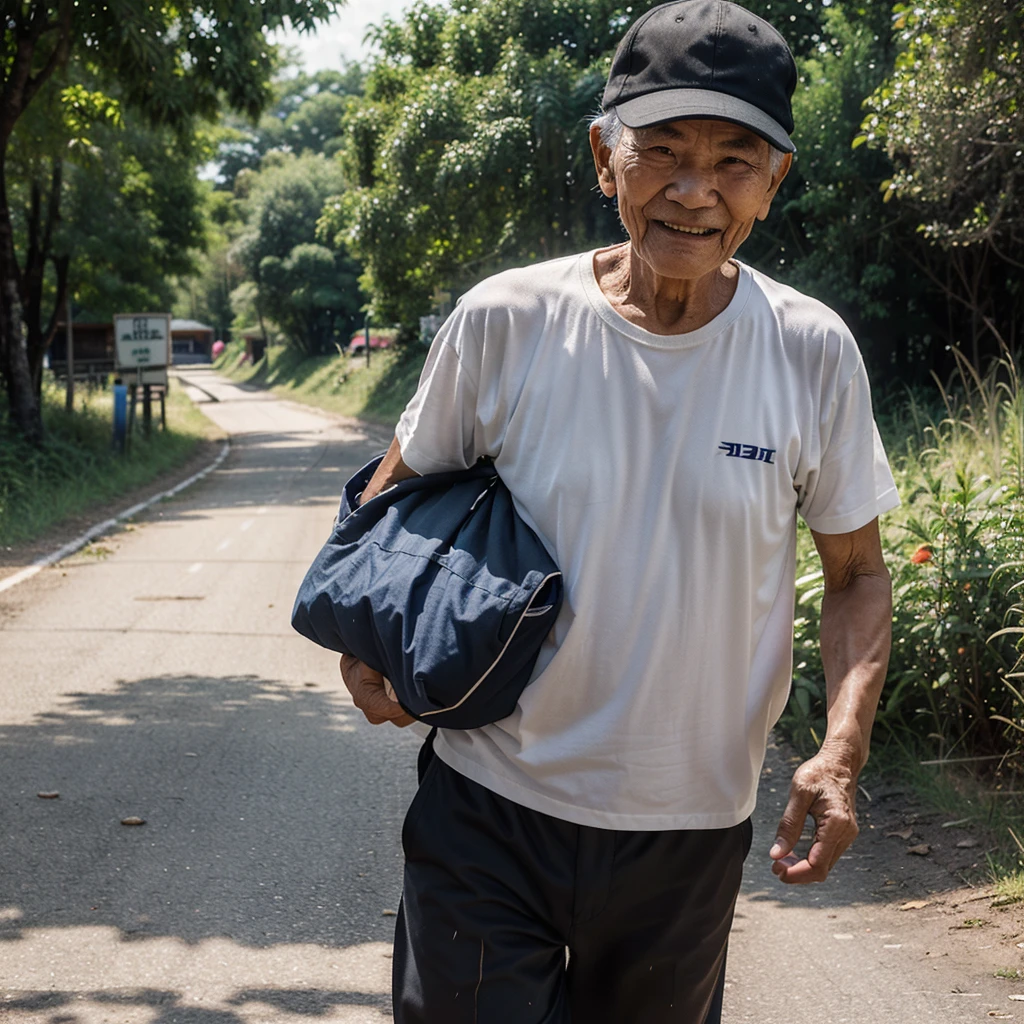 Thai man, age 90, works hard, fights hard in life, encounters many obstacles in life, but smiles and keeps fighting, because success is waiting for us, in the sun, sweating all over, old torn clothes, carrying things.  Hard, going alone, no one cares, the road is long.