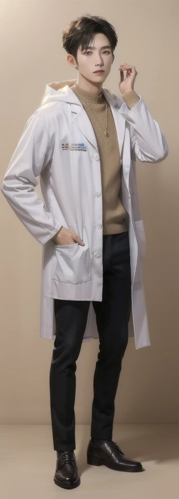 (Fair skin),((white lab coat)), (black hoodie underneath),Iris,(gender: Natural Face),(Japanese),(leather shoes),long body,handsome young asian man, Japanese idol style, short clean-cut hair, (center part), calm confident expression, hands in lab coat pockets, plain white background, portrait, high quality, detailed, 8K
