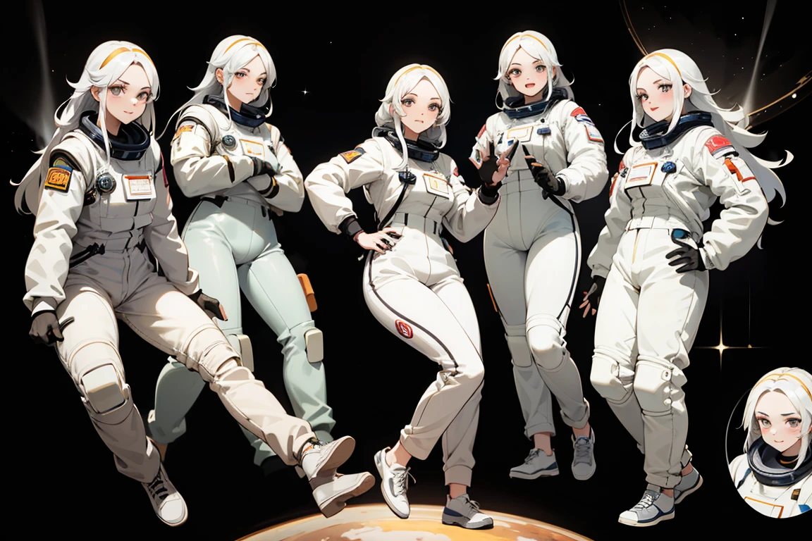 highest quality, Detailed face, Character Sheet,(((Young woman:1.5))), ((whole body:1.2)), Full of details, Multiple postures and facial expressions, very detailed, Depth, 1 Young woman, without bangs, (white long hair, Gray sexy eyes, Straight hair, Black T-shirt and Leather Jacket looks, medium breasts, High neckline, strap, Waiting, astronaut suit, space suit, White running shoes, Rocker style, sexy smile and pose,Discolored skin, smokes a cigarette, tattoos, piercing