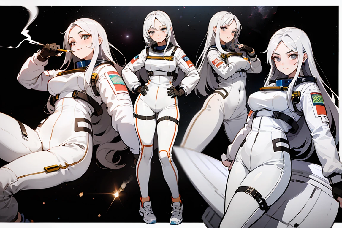 highest quality, Detailed face, Character Sheet,(((Young woman:1.5))), ((whole body:1.2)), Full of details, Multiple postures and facial expressions, very detailed, Depth, 1 Young woman, without bangs, (white long hair, Gray sexy eyes, Straight hair, Black T-shirt and Leather Jacket looks, medium breasts, High neckline, strap, Waiting, astronaut suit, space suit, White running shoes, Rocker style, sexy smile and pose,Discolored skin, smokes a cigarette, tattoos, piercing