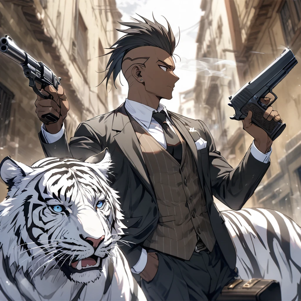 cigar, black hair, mohawk, suit vest, pistol, white tiger, man, brown skin