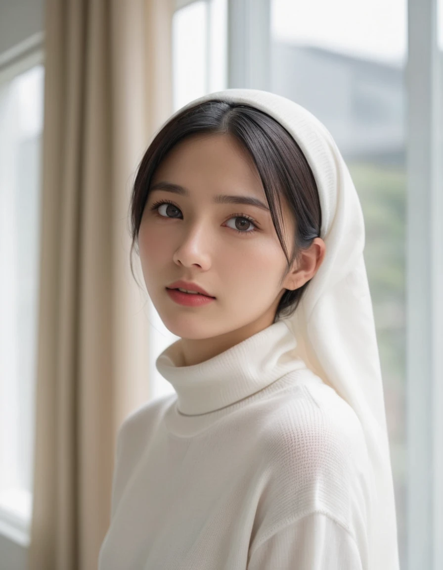 apanese woman, (close-up:2), (natural lighting), white hijab, forehead, (dark brown eyes), (from the side), (slanted eyes down), frown, (white sweater), (dynamic pose) (translucent curtains, bright room
