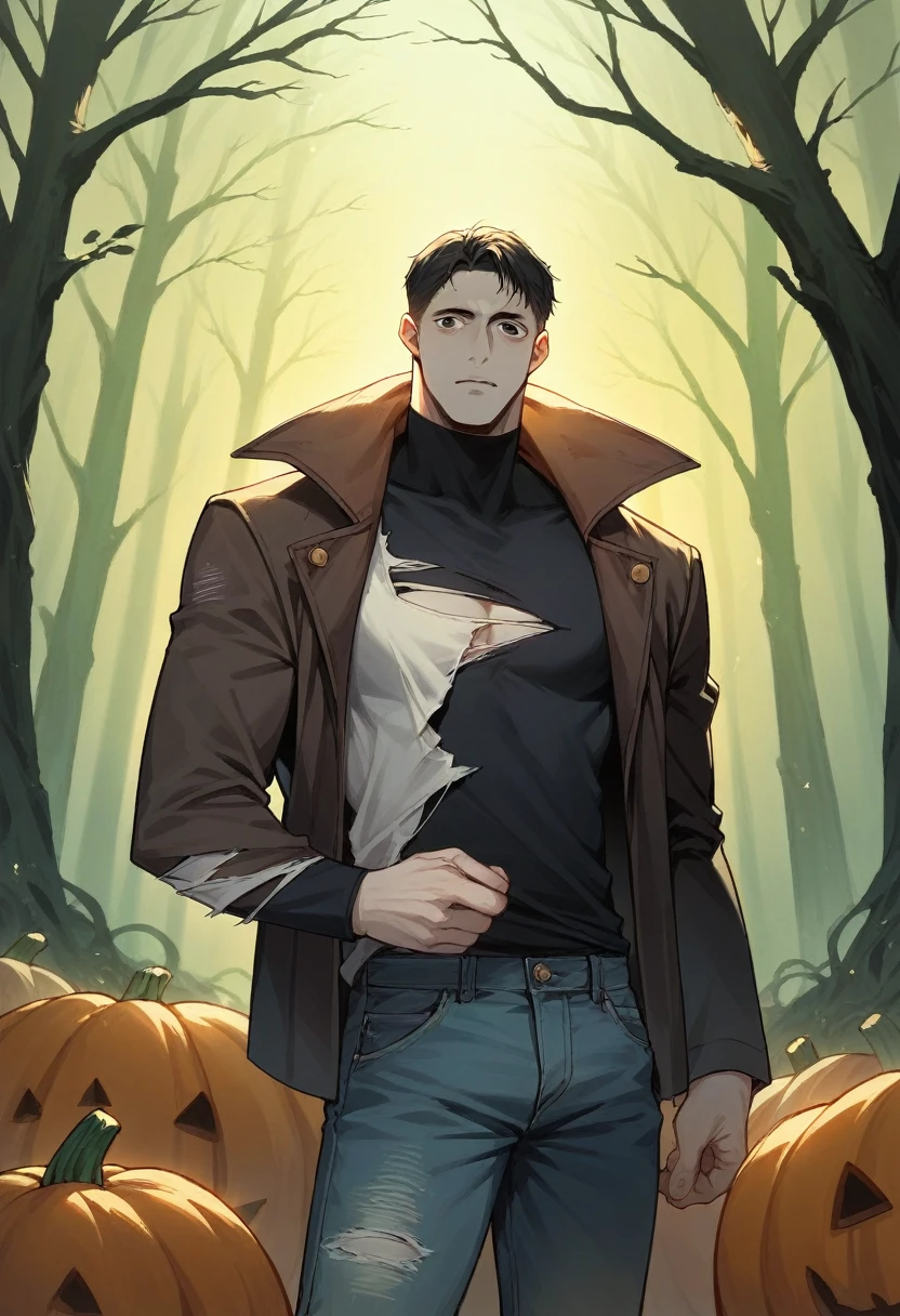 a tall handsome man with a carved pumpkin head, torn stained jacket, jeans, holding an ax, dark forest background, anime style, highly detailed, cinematic lighting, dramatic atmosphere, horror, masterpiece