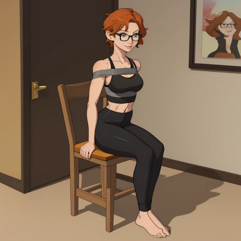 A beautiful barefoot ginger woman with wavy short hair wearing glasses, black leggings and a croptop, tied to a chair, full body 