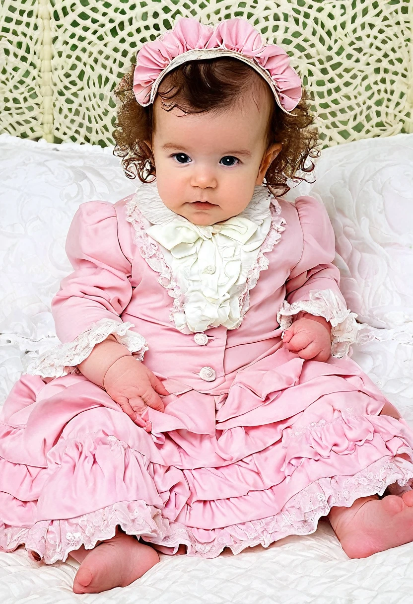 A baby with wavy hair in victorian outfit posing on a bed