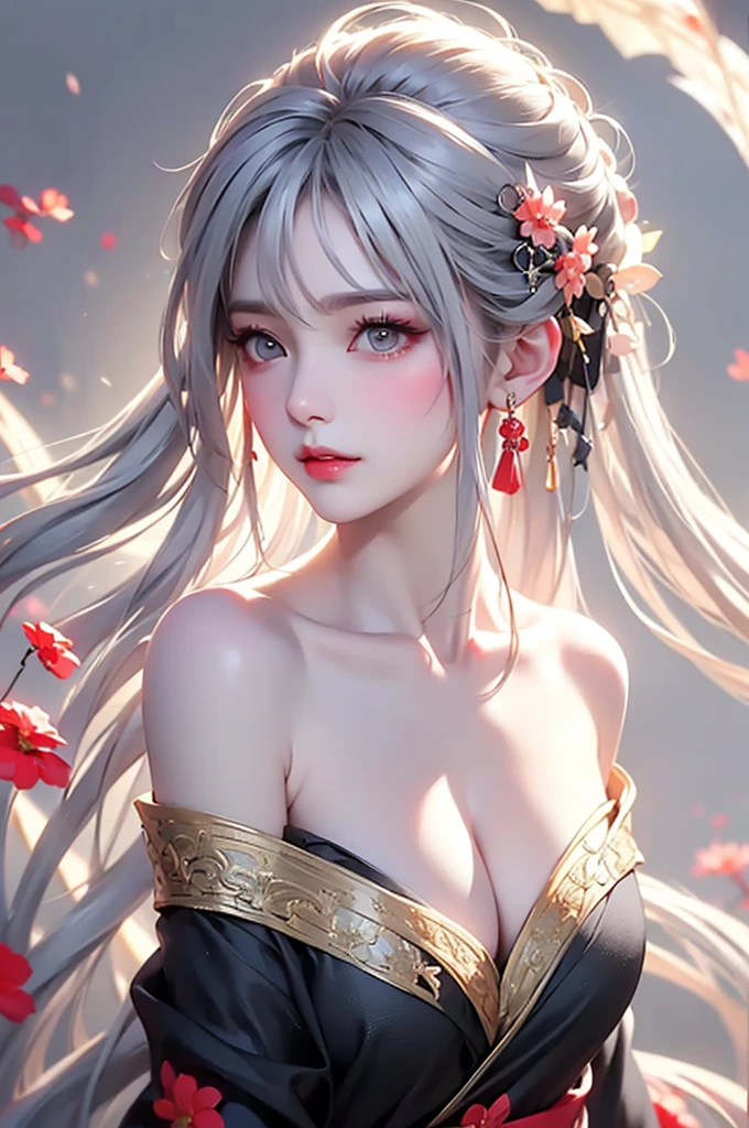 super high quality, masterpiece, Perfect illustration, Very detailed、8k wallpaper, Very detailed (Exquisite light and shadow, Very dramatic photo,Backlight) , ((Gray Hair:1.5))1 Girl, alone, (Wearing classic Hanfu, Royalty、Black and red Hanfu,Thick fabric,Long sleeve) Flower Field, Flowers, (White smoke:1.3) (Realistic:1.4), (Dynamic Angle: 1.4), Glowing Skin, (Floating colorful flashes: 1) The most beautiful chaotic shapes, elegant, Brutalist Design, Bright colors, Romantic Depth of Field Exotic_dance, half_naked、((Off the shoulder、Medium Chest、Beautiful cleavage、Touching lips))