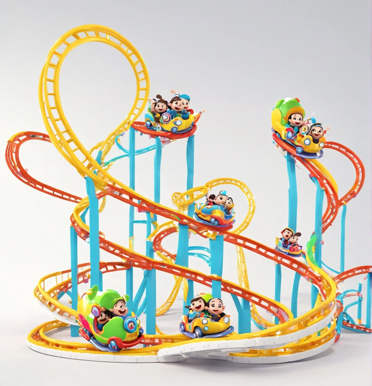 Cartoon cute Q version 3D roller coaster,There are two roller coasters,Cartoon style is very cute and adorable.,White background,Focus on roller coaster
