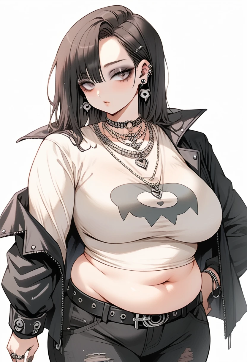 Curvy goth anime girl, overweight fat girl, pretty anime girl, beautiful chubby anime girl, big tummy, large breasts, wide hips, curvy butt, stomach rolls, stomach bump, fashionable, cool clothes, fun clothes, fashion, accessories, jacket, jewelry, bracelet, earrings, necklace, rings, accessories, belt, skirt, dress, pants, shirt, long shirt, low cut tshirt, baggy shirt, confident, cool fashionable girl, attractive, cool, hot woman, goth, alternative style, goth style, cool clothes, makeup