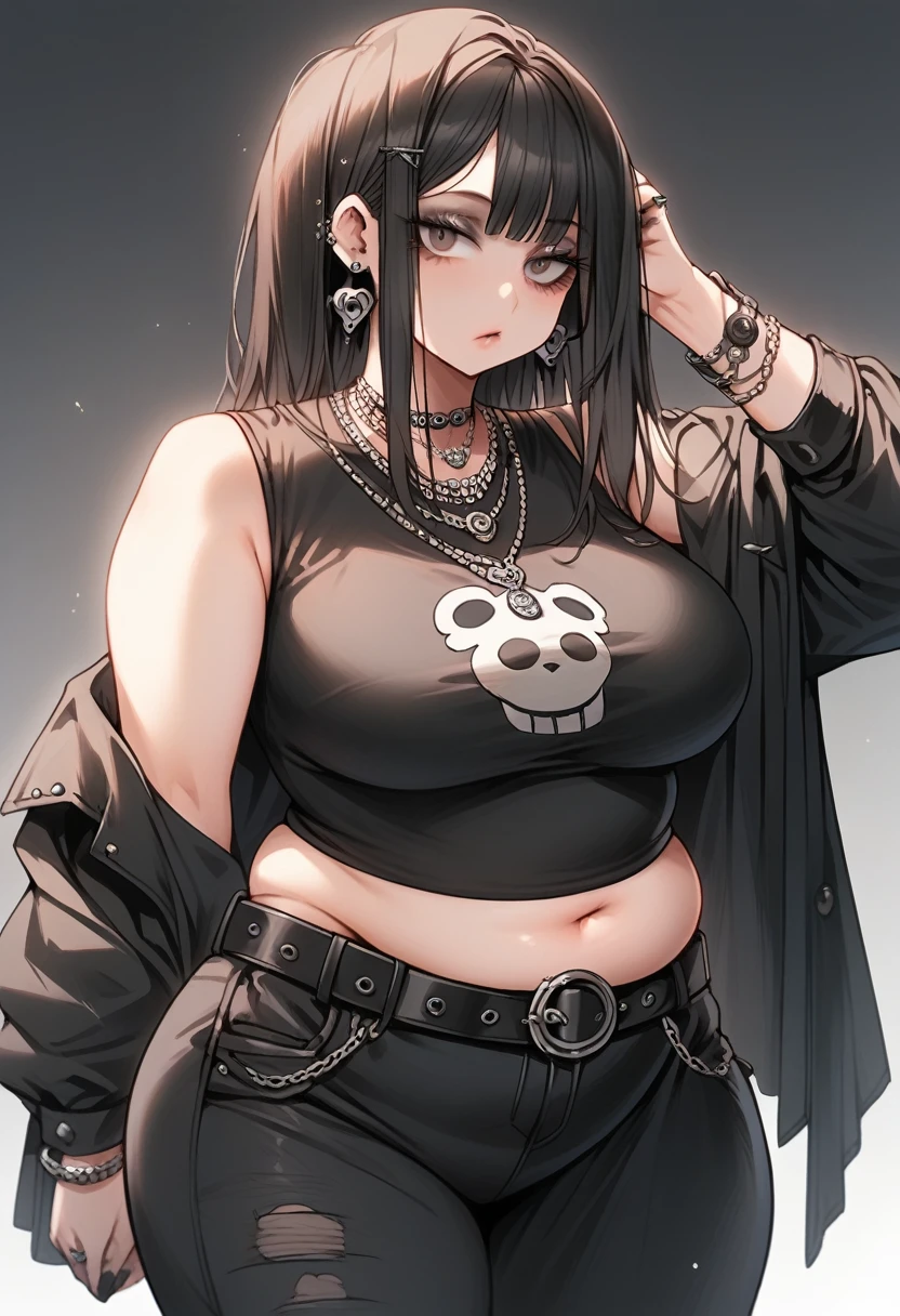 Curvy goth anime girl, overweight fat girl, pretty anime girl, beautiful chubby anime girl, big tummy, large breasts, wide hips, curvy butt, stomach rolls, stomach bump, fashionable, cool clothes, fun clothes, fashion, accessories, jacket, jewelry, bracelet, earrings, necklace, rings, accessories, belt, skirt, dress, pants, shirt, long shirt, low cut tshirt, baggy shirt, confident, cool fashionable girl, attractive, cool, hot woman, goth, alternative style, goth style, cool clothes, makeup