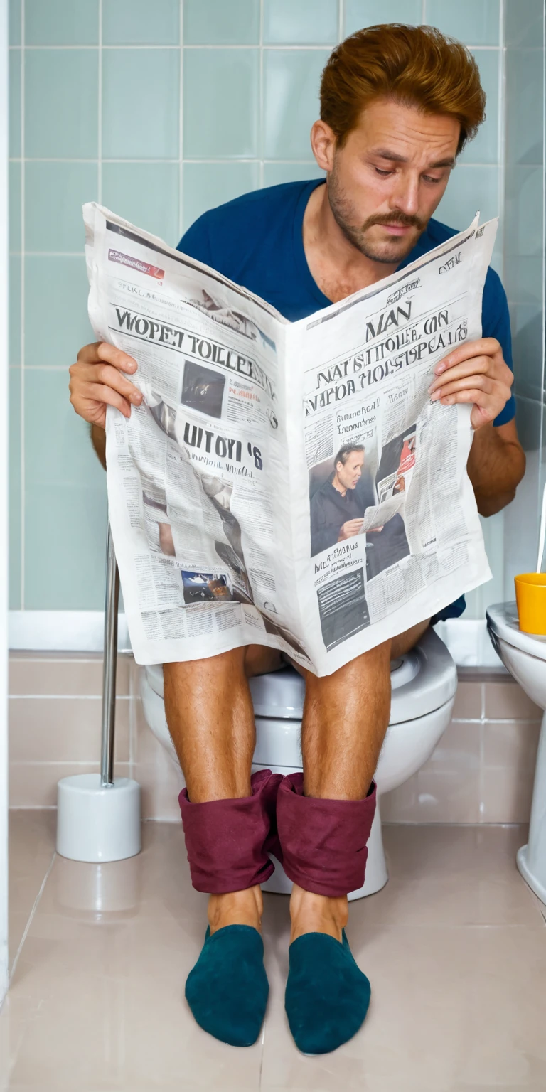 Realism，photography，8K,detail，Man sitting on toilet and reading newspaper