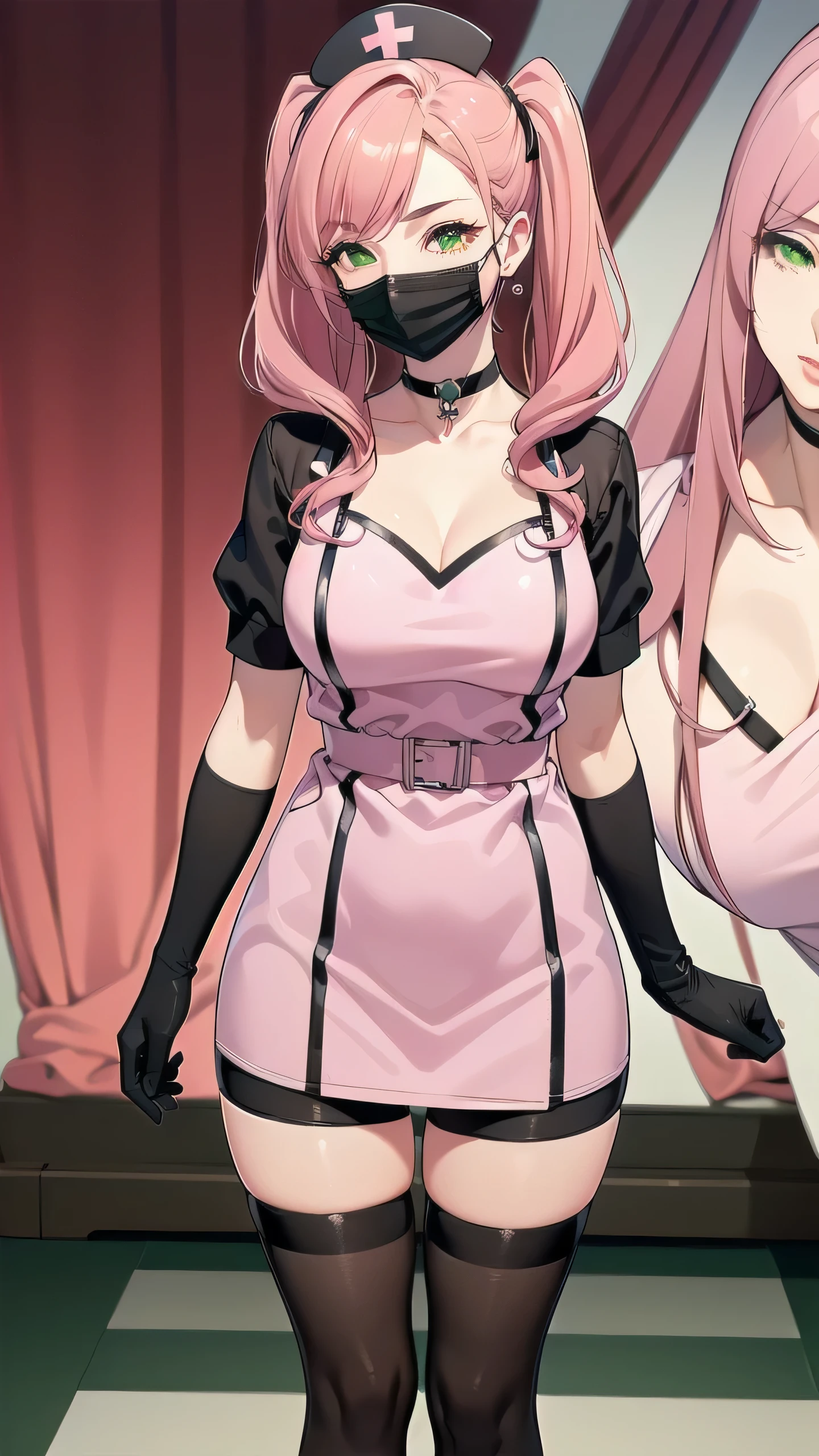 black nurse, 1girl, hahari hanazono, solo, black nurse cap, black wear, ((black legwear, zettai ryouiki)), black elbow gloves, twintails, pink hair, jewelry, (green eyes:1.2), ((black surgical mask, covered nose, choker)), standing, ((surgery room)), sharp outline, short sleeves, best quality, masterpiece