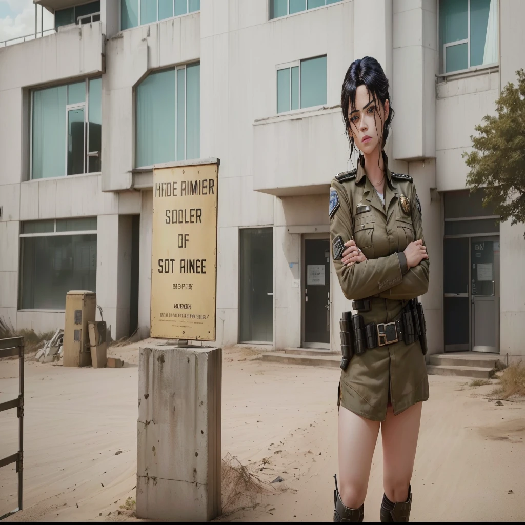 there is a woman in a uniform standing in front of a sign, promotional still, photo still, closeup shot, still from a live action movie, promotional still wide angle, promotional movie still, portrait shot, still from the movie, still image from the movie, alita battle angel, movie still 8 k, at netflix, sony pictures
