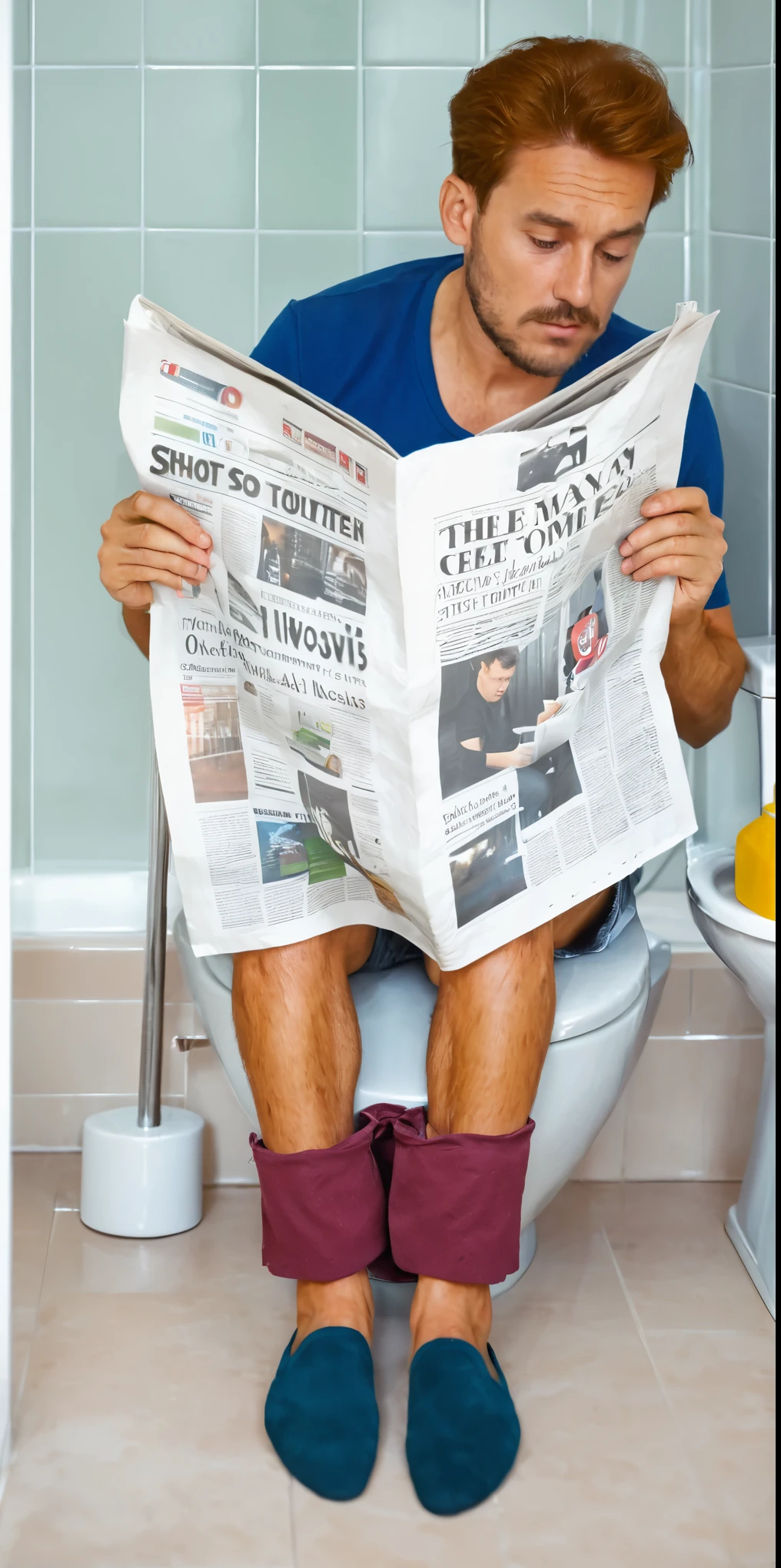 Realism，photography，8K,detail，Man sitting on toilet and reading newspaper