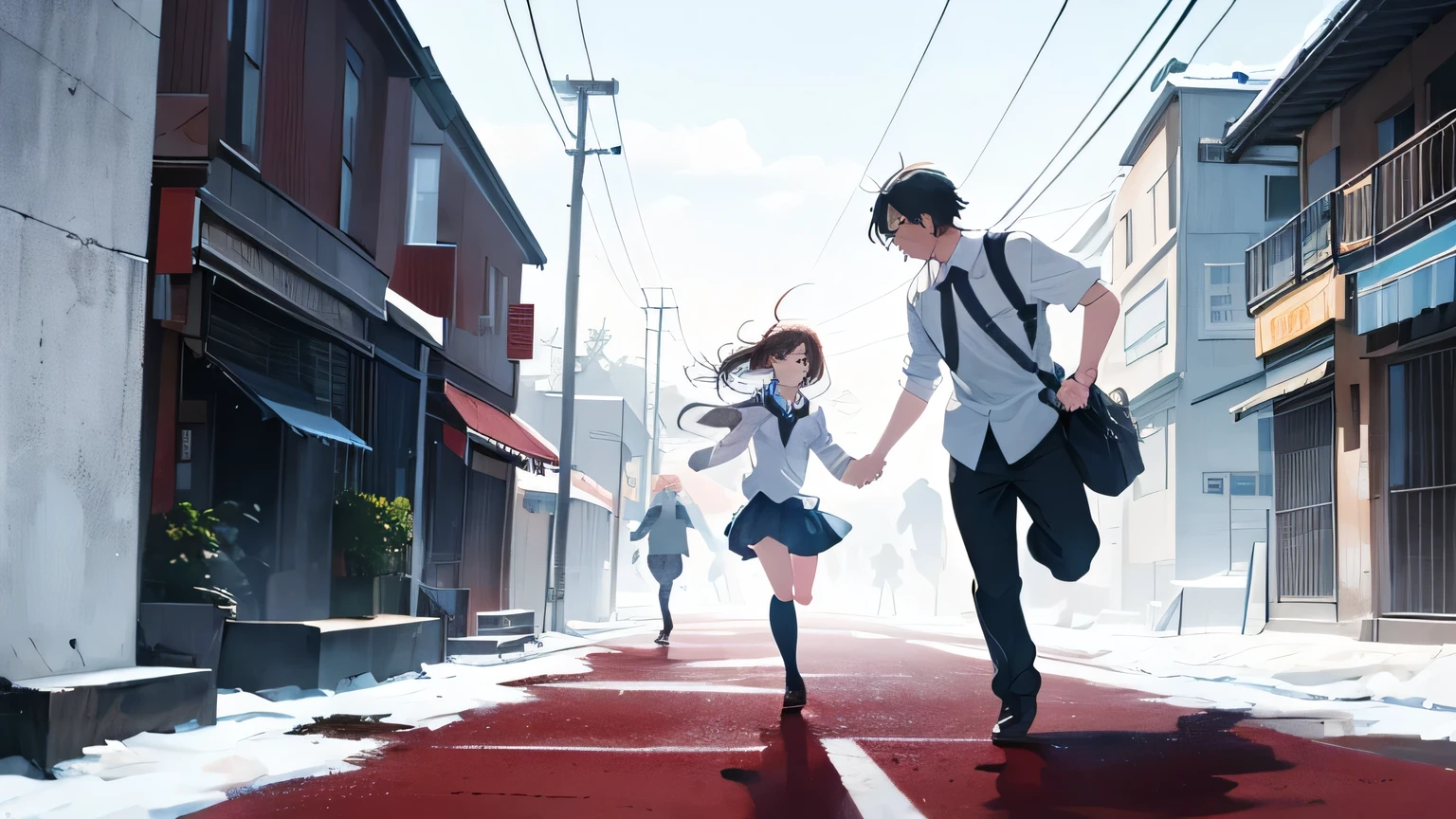 の2An illustration of a man and woman holding hands and running away,(Chasing Zombies),,Deformed illustrations,Background is white,